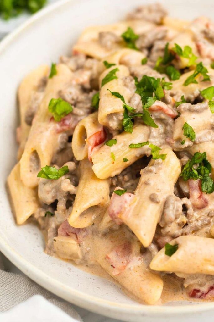 Creamy Rotel pasta with ground beef look
