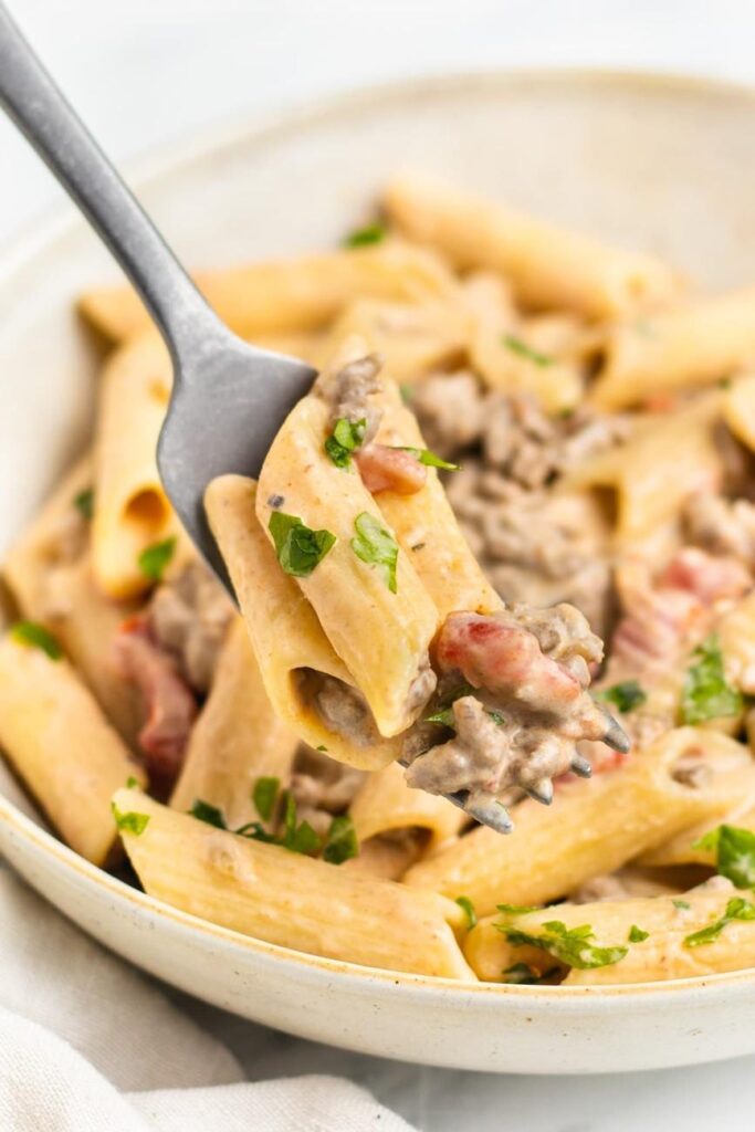 Creamy Rotel pasta with ground beef recipe look
