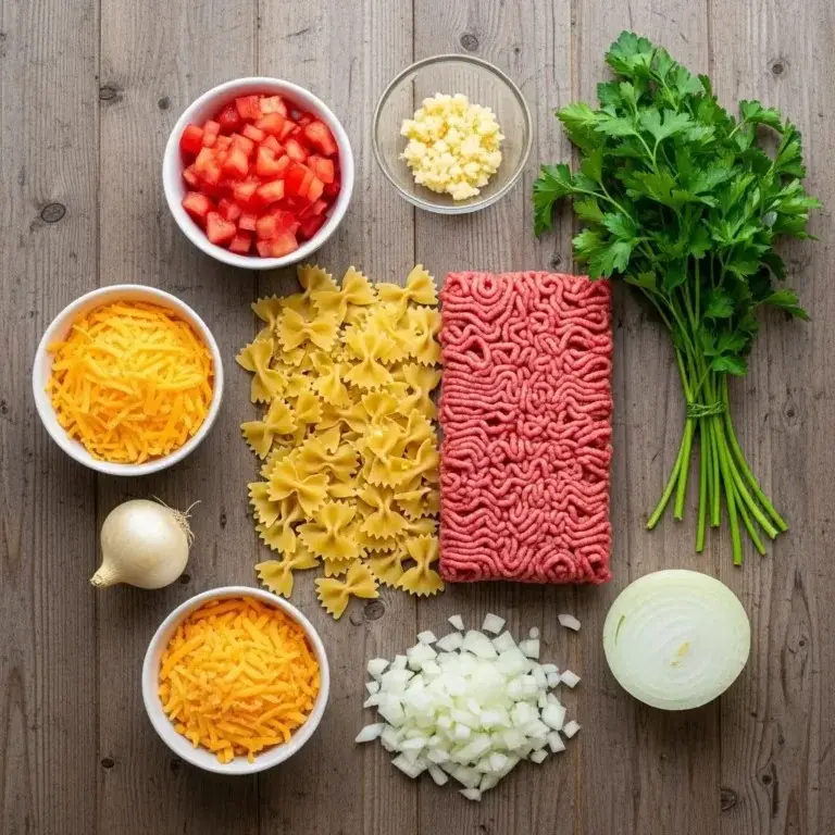 creamy-beef-and-bowtie-pasta-ingredients