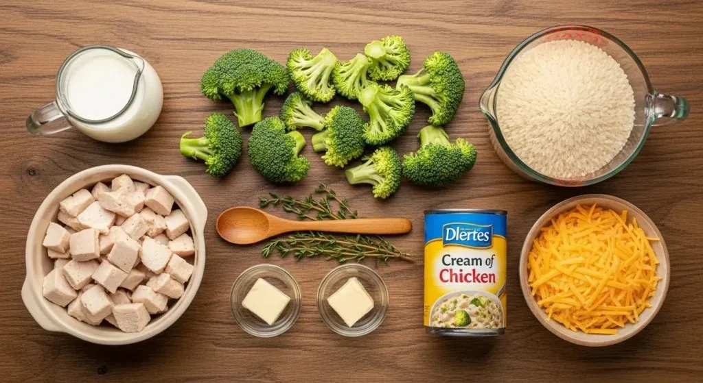 Ingredients for Cheesy Chicken Broccoli Rice Casserole