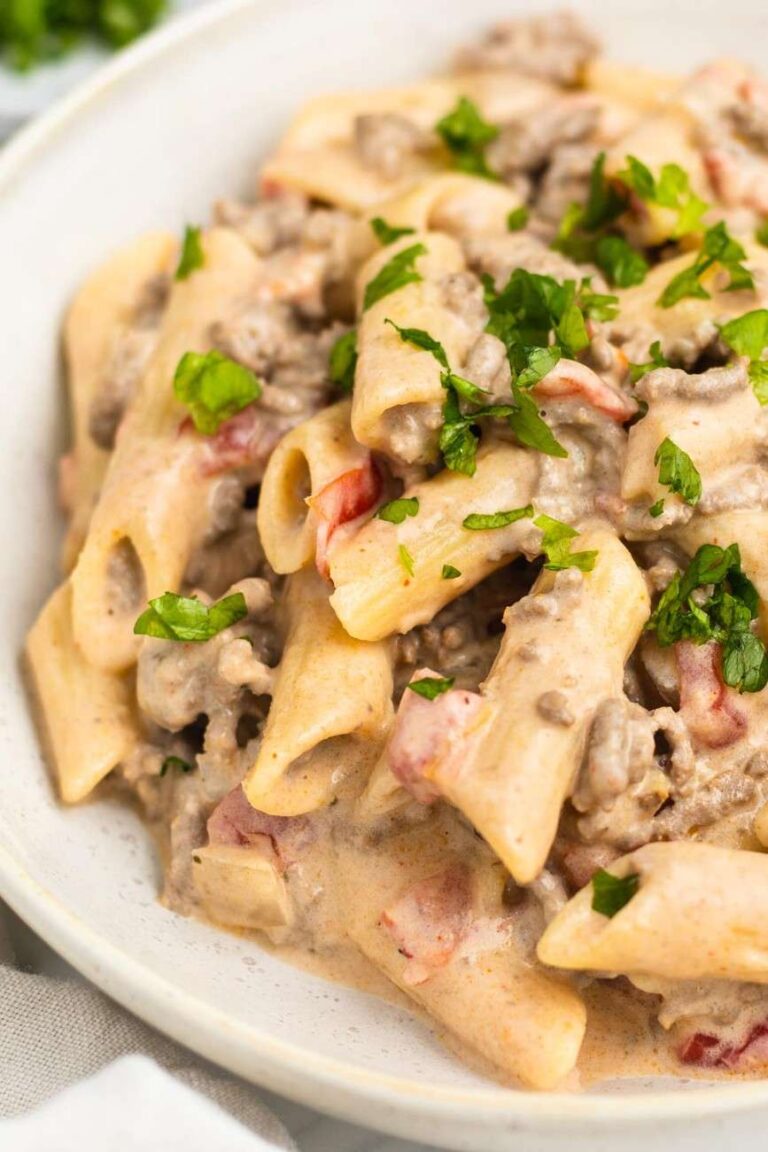 Creamy Rotel pasta with ground beef